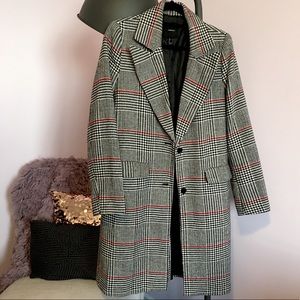Houndstooth/Plaid Notch Collar Wool Blend Coat